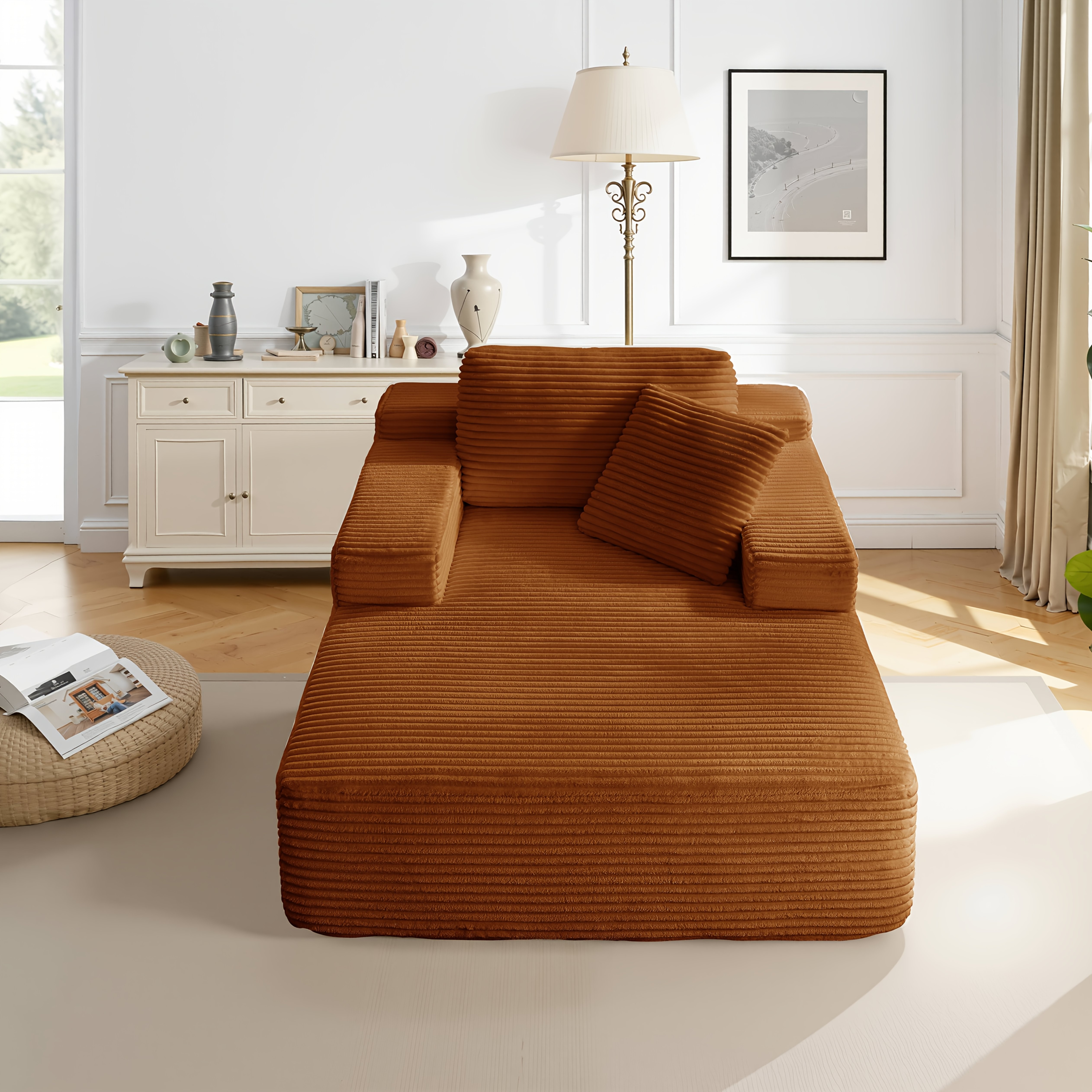 51-inch Oversized Boneless Lounge Chaise Recliner - Corduroy Sofa with Pillows and Armrests | Deep-Seat with High-Density Foam Cushion | U-Shaped Folding Sofa Bed for Living Room, Apartment, Bedroom | No Assembly Required | Available in Beige