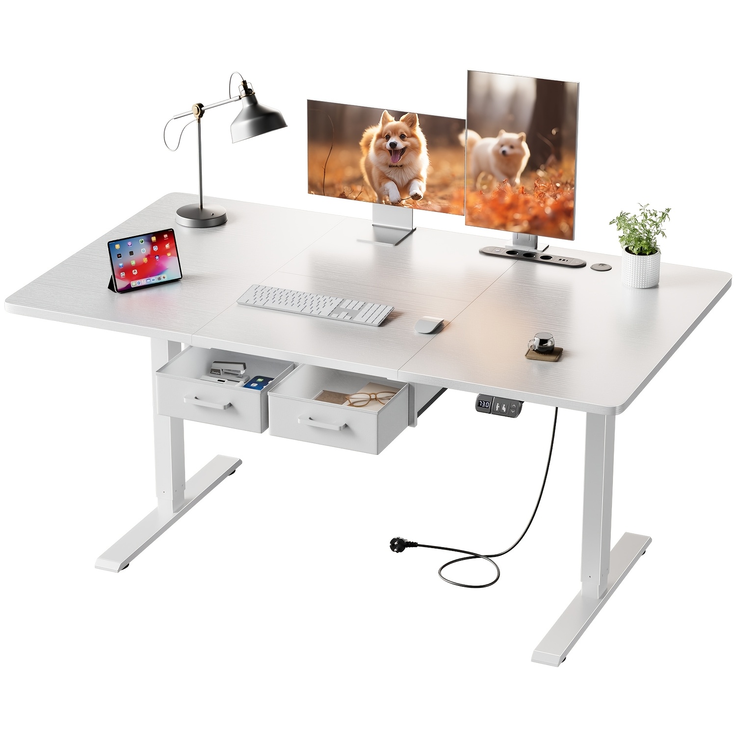 TEMU Bureau Électrique Réglable en Hauteur avec 2 Tiroirs, Prises Intégrées sur le Plateau Ergonomique - Solution Polyvalente pour Bureau à Domicile,