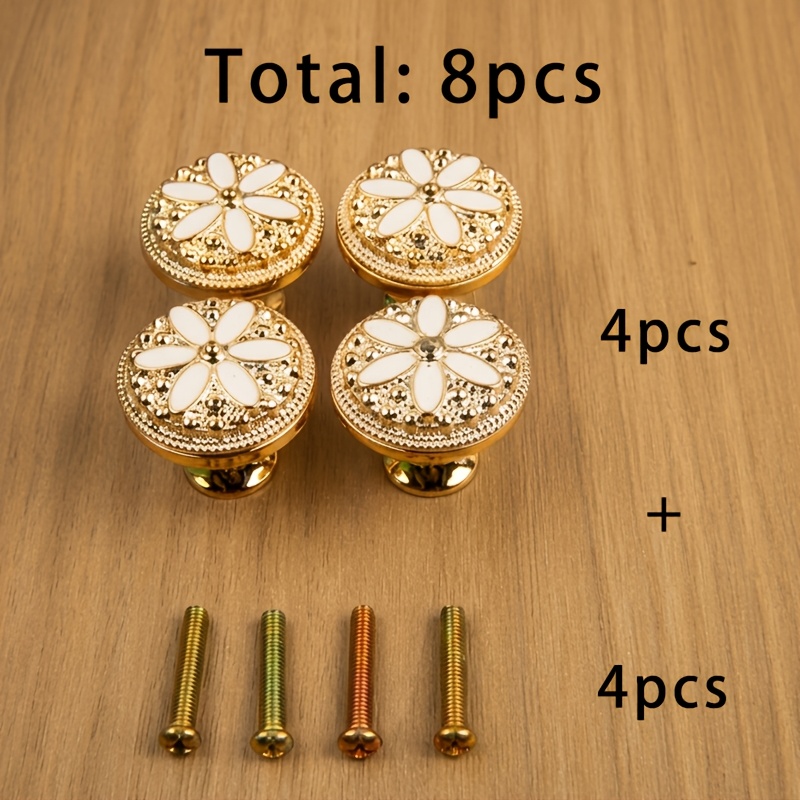TEMU 4pcs 8013 Platinum Pattern Plastic Handles And 4pcs 4x22 Colored Screws, Total 8pcs, Floral Relief Single Hole Plastic Handles, European Style