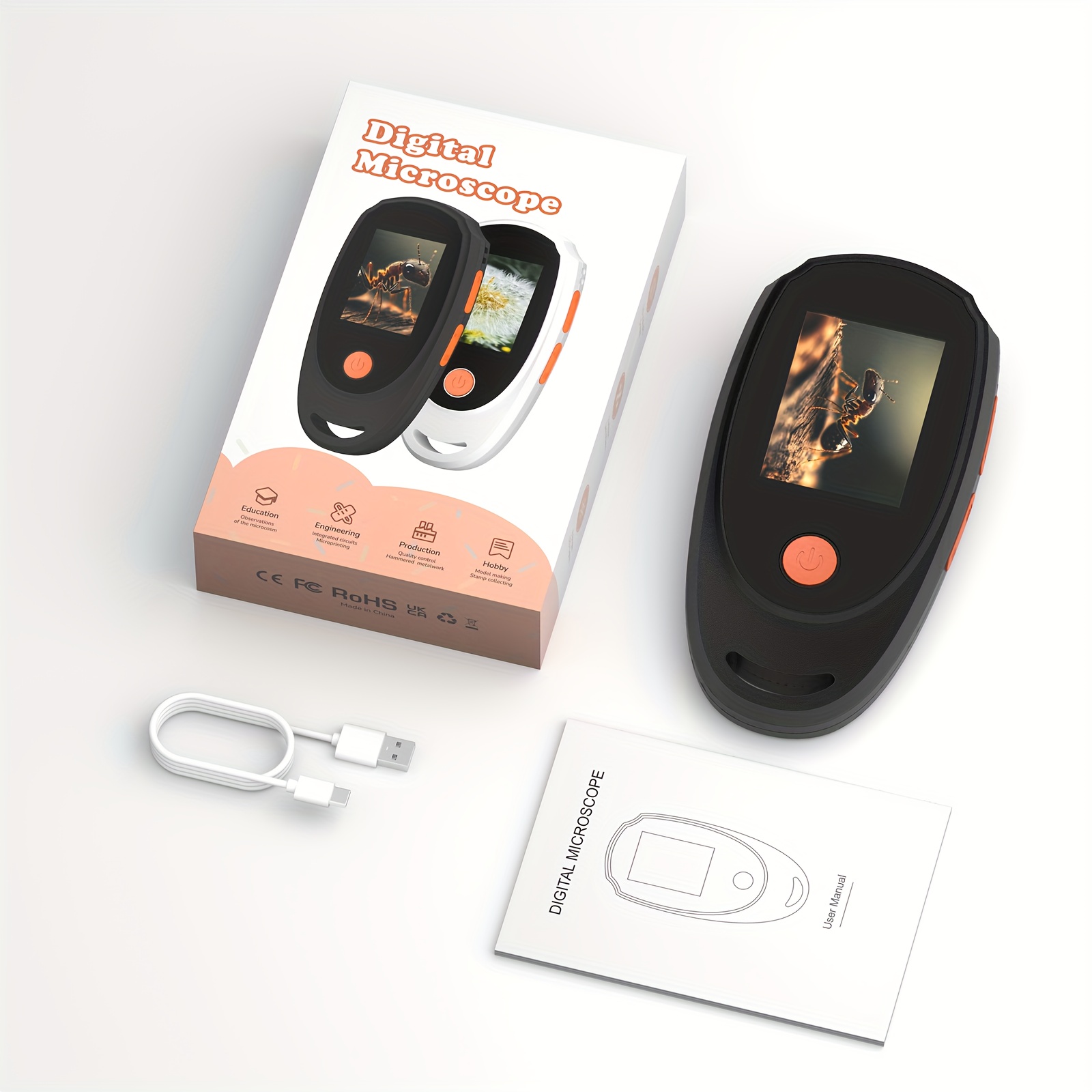 E-shop 500X Handheld Digitalmikroskop mit 2 Zoll Bildschirm, Foto- und Videoaufnahmefunktionen, USB-Mikroskop, kompatibel mit Laptops. für Erkundung,