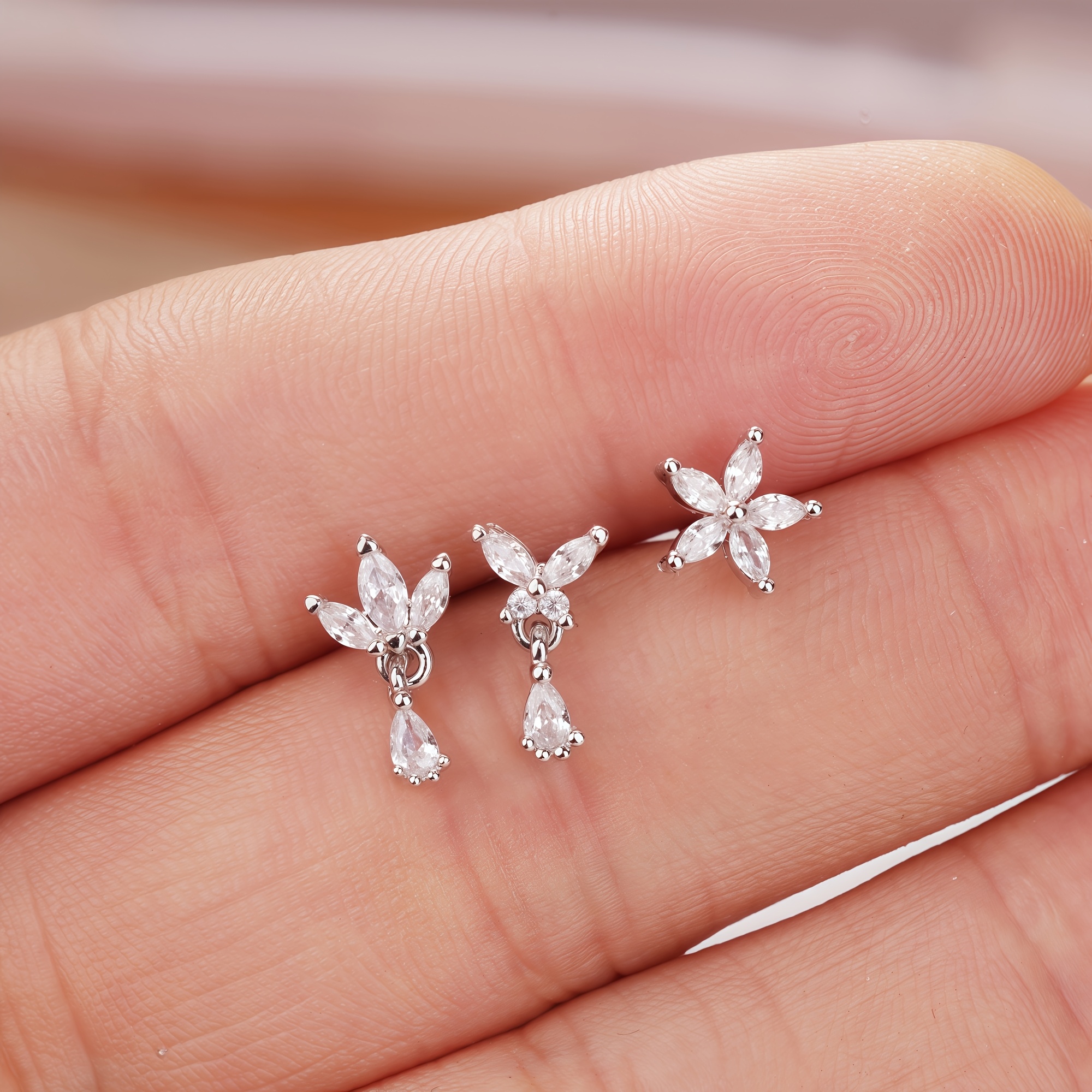 E-shop 3er-Set Nasenring Ohrringe mit Quadratischem Kristall-Zirkonia Blumen-Schmetterling L-förmigem Nasenstecker Nasenring Zubehör