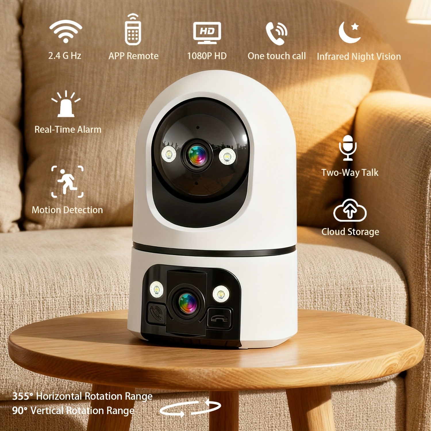 Dual-Lens 1080P Indoor Security Camera – Smart WiFi Baby & Pet Monitor with 355° Pan Tilt Rotation, Two-Way Audio & APP Remote Control — Zaynora Luxury Marketplace