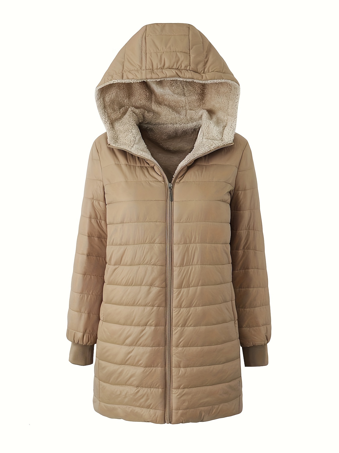Chaqueta con capucha casual para mujer - Chaqueta acolchada de longitud media con aislamiento acolchado, color sólido beige, ajuste regular, manga larga para atuendo casual y uso ligero al aire libre, capa ligera, capucha clásica, forro acogedor, chaqueta con capucha, atuendo casual