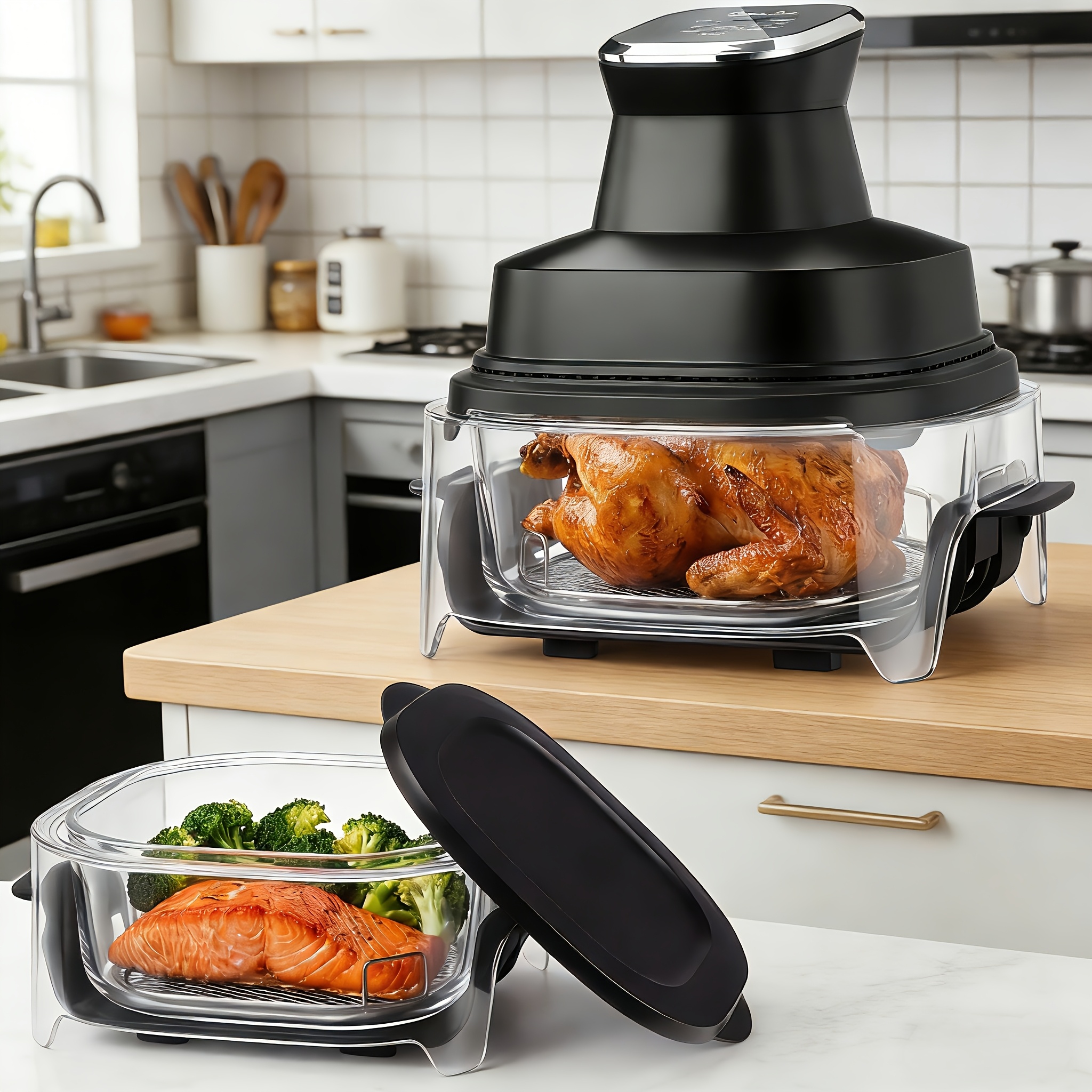 TEMU 4-in-1 8l Glass Air Fryer | 400°f | Non-toxic | 4l And 4l Glass Containers With Lids | Microwave, Freezer, Dishwasher Safe | , Air Fry, Bake