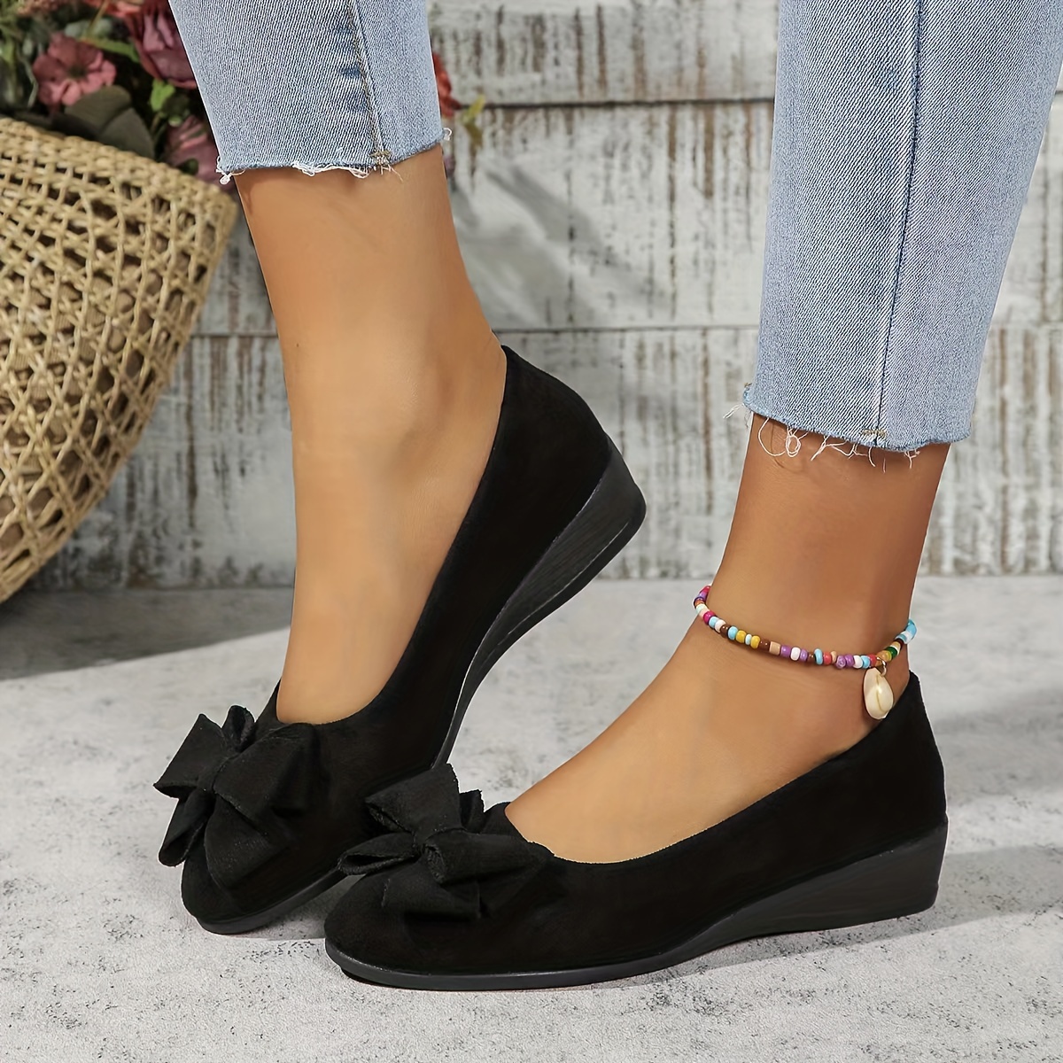 

's Bowknot Decor Wedge Heeled Shoes, On Platform Shoes, & Comfortable Shoes