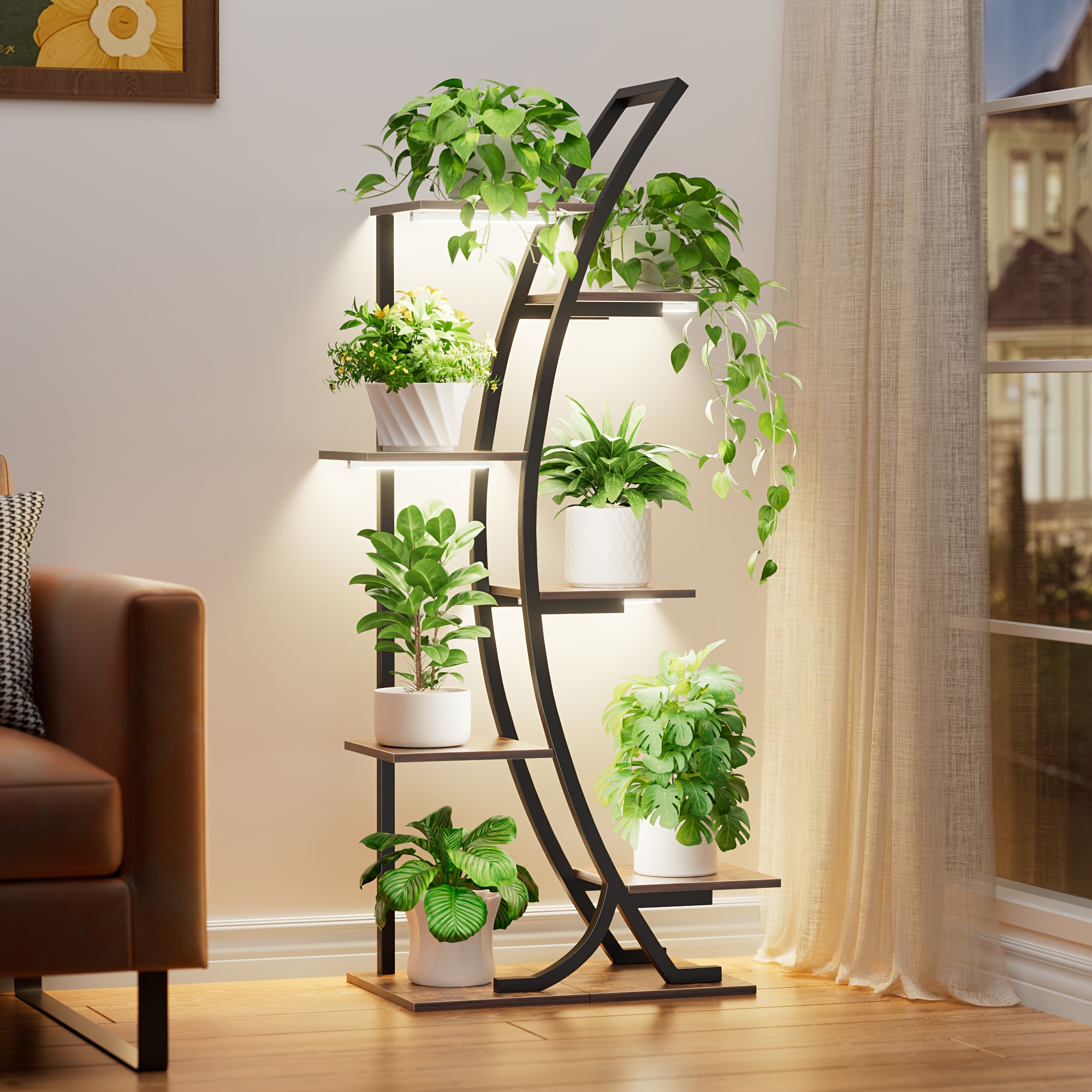 1pc Plant Stand Indoor   Lights, Curved Shape Multi-functional Metal Display Stand for Plants Books Frames Ornaments, 119.4cm High & 7 Tiered for Living Room, Study Room, Balcony, Corner And  .   Decor,   for Gift