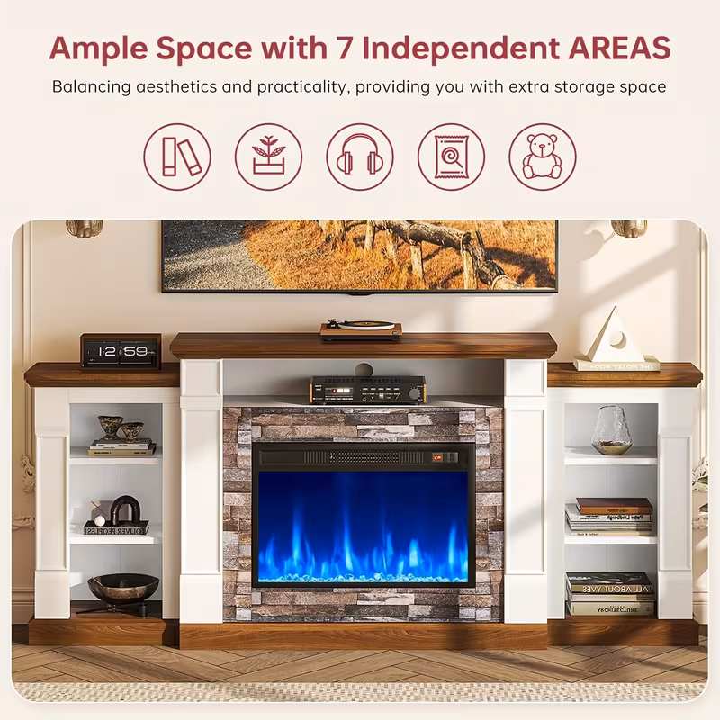 70-Inch Electric Fireplace TV Stand with Mantel - Modern Entertainment Center with Open Storage, LED Lights & Remote Control