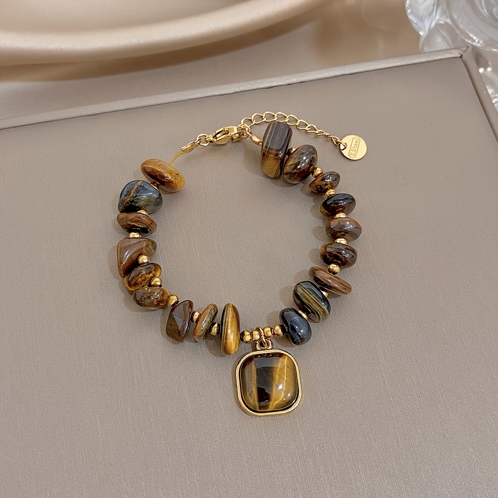 TEMU 1pc Natural Stone Beaded Square Eye Pendant Bracelet, Fashionable And Versatile 304 Stainless Steel Charm Sleeve Bracelet, Suitable For Men And
