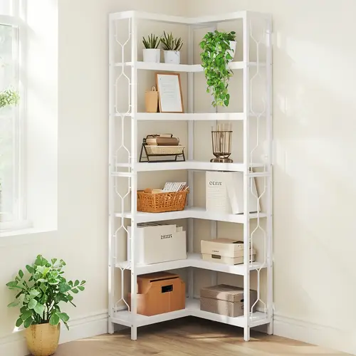 corner shelf 7 tier industrial corner bookshelf wood and metal corner etagere bookcase freestanding display shelf for living room kitchen home