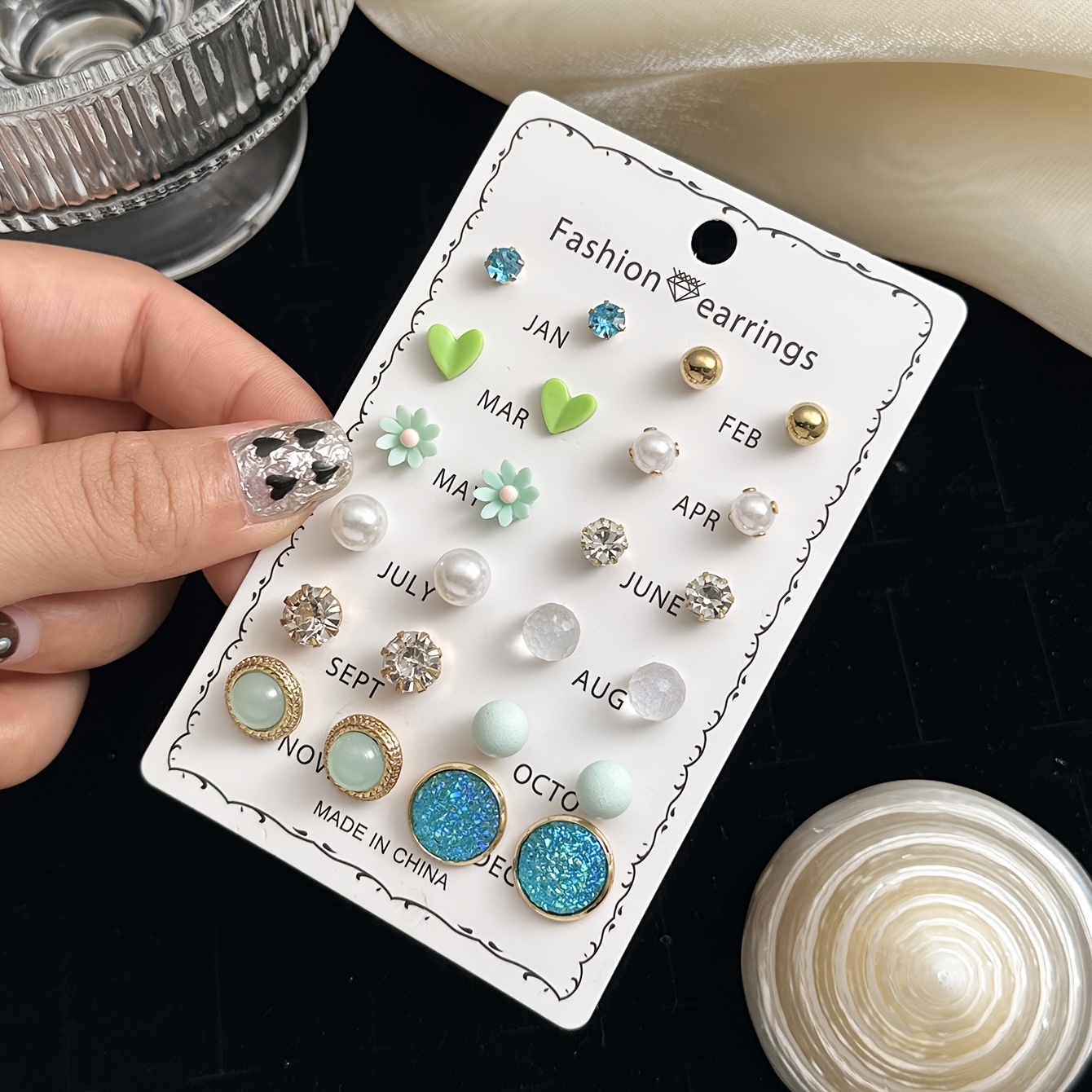 12 Pairs Cute Multi-Style Round Floral Heart-Shaped Large Earrings Set