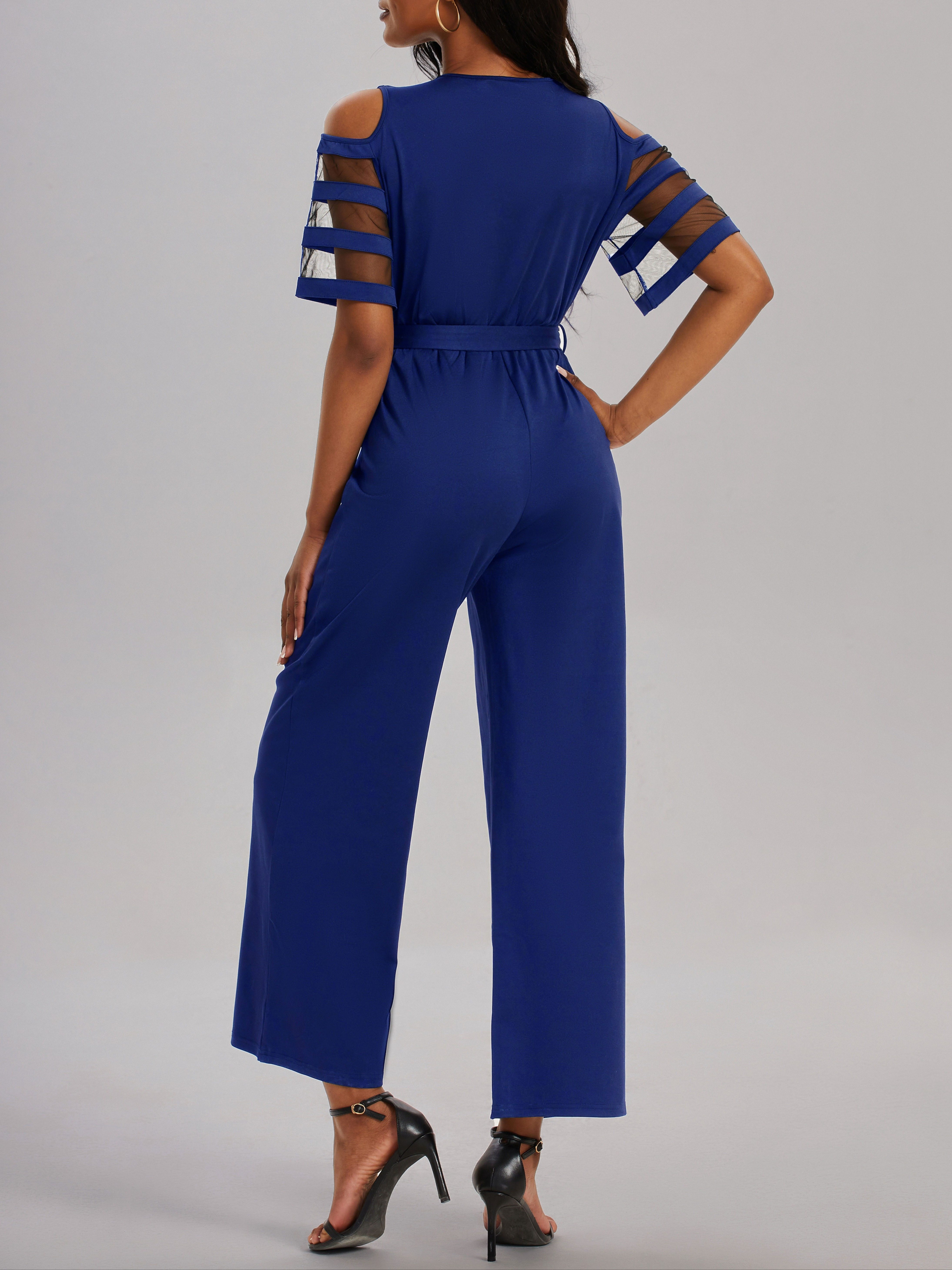 Fashion Women Loose Long Sleeve Wide Leg Jumpsuit Blue