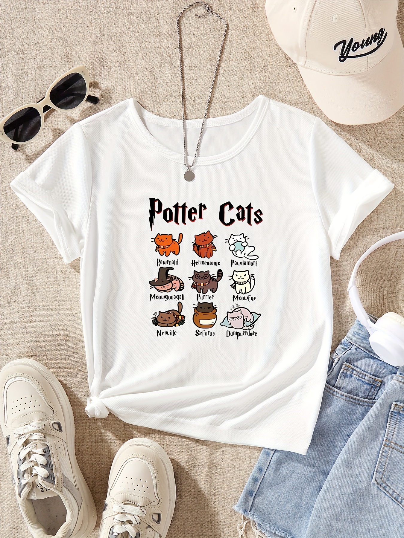 cute cartoon cats potter cats graphic print tee girls casual Temu United Kingdom