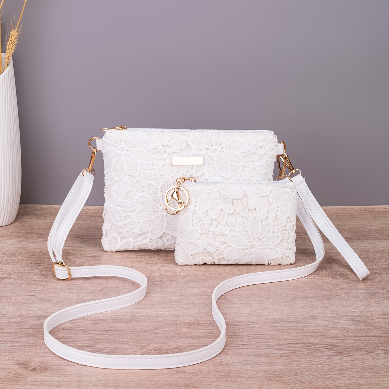 E-shop 2er-Set Elegante Damen Schultertasche im Bohème-Stil mit festem Spitzendesign, verstellbarem Riemen, Make-up-Lippenstift-Geldbörse, vielseitig,
