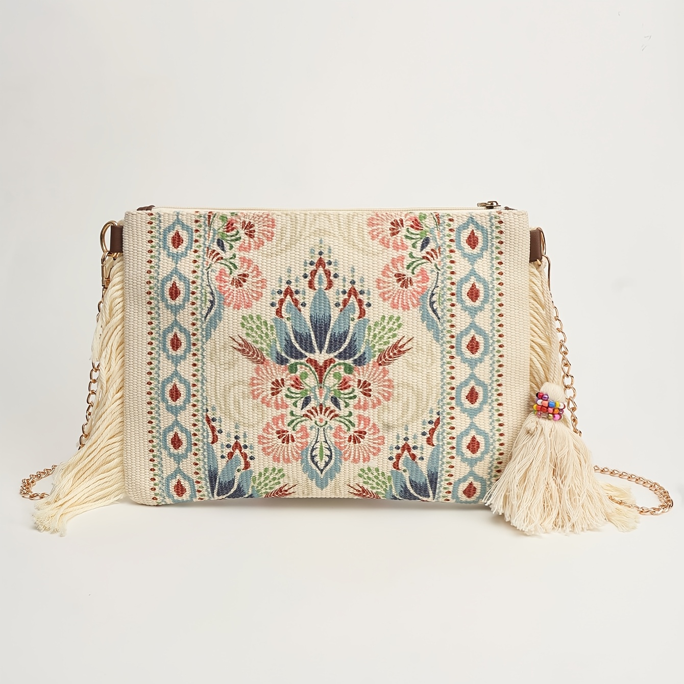 TEMU Bohemian Floral Print Clutch With Tassel And Beaded Fringe, Vintage Ethnic Style Chain Crossbody Bag For Summer Beach Vacations And Music