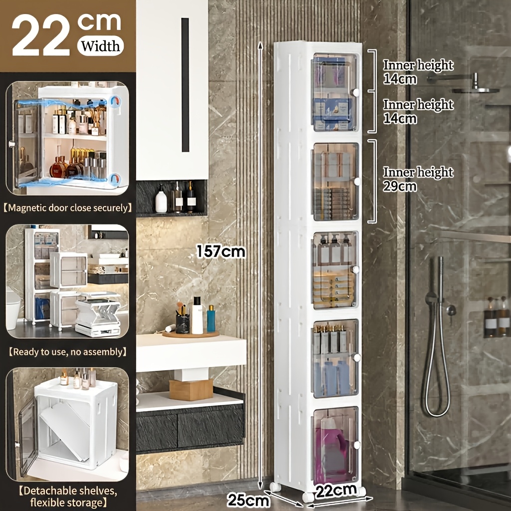 5/4/3/2 Tier Narrow Bathroom Storage Cabinet, 32cm Slim Rolling Plastic Storage Organizer With Transparent Doors, Space Storage Unit For Small Spaces, Bathroom, Kitchen And Laundry Room