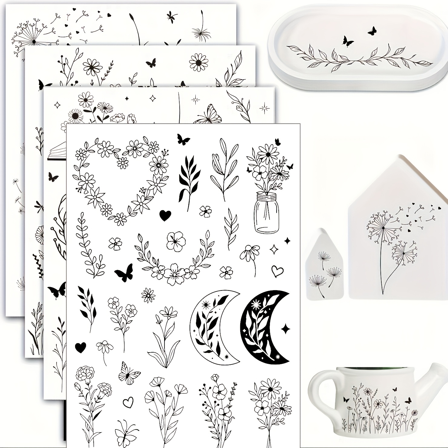 Image of 4pcs Of Spring Flower Transparent Transfer Stickers, Dandelion Plant And Rub-on Stickers, Art Stickers, Suitable For Diy Furniture, Glass, And Ceramic Crafts, Size 19cm×14cm