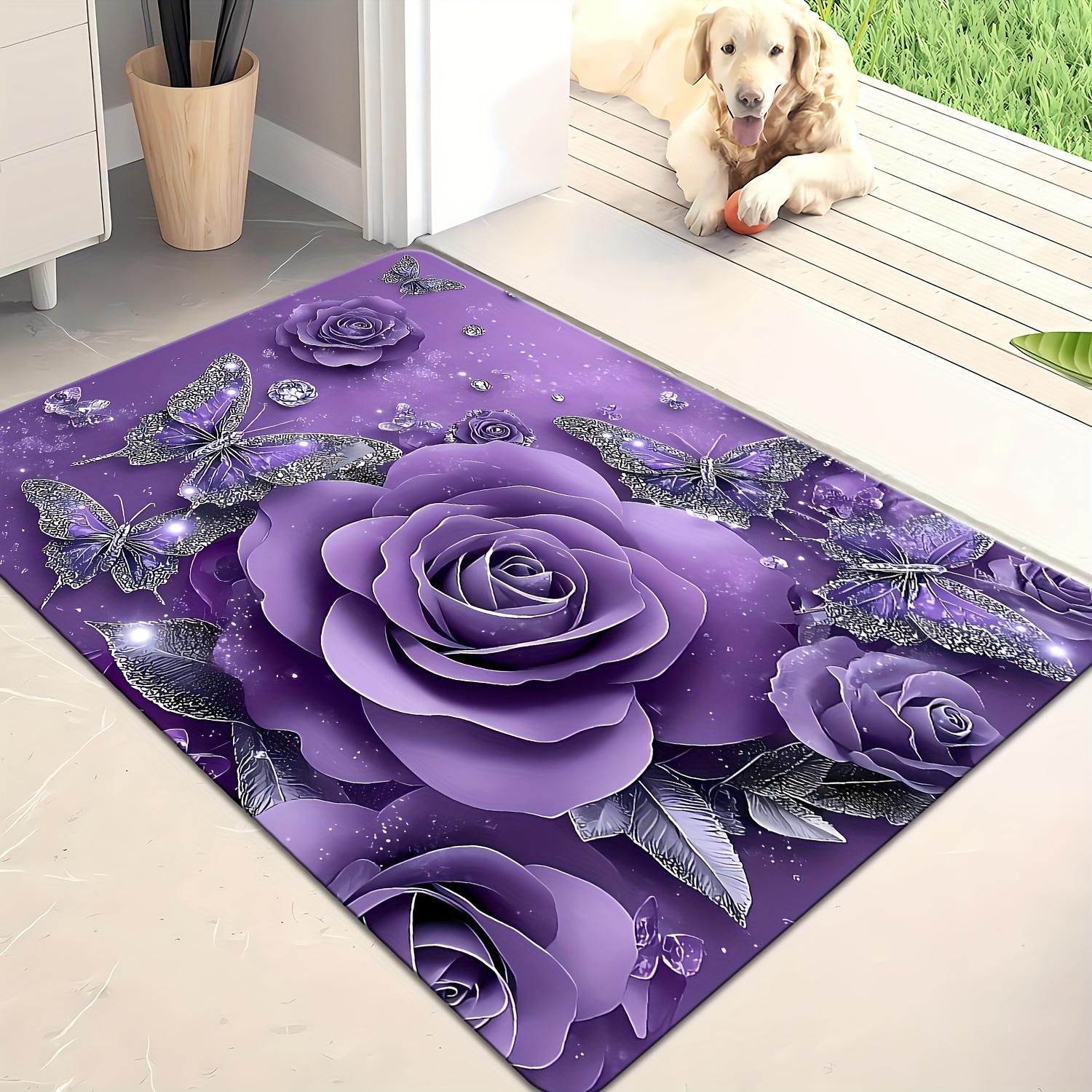 TEMU 1pc Suitable For Doorway, Living Room, Bedroom - Soft Machine-washable Rug With Rose Pattern, Compact Rectangular Mat, Carpet For Small Spaces &