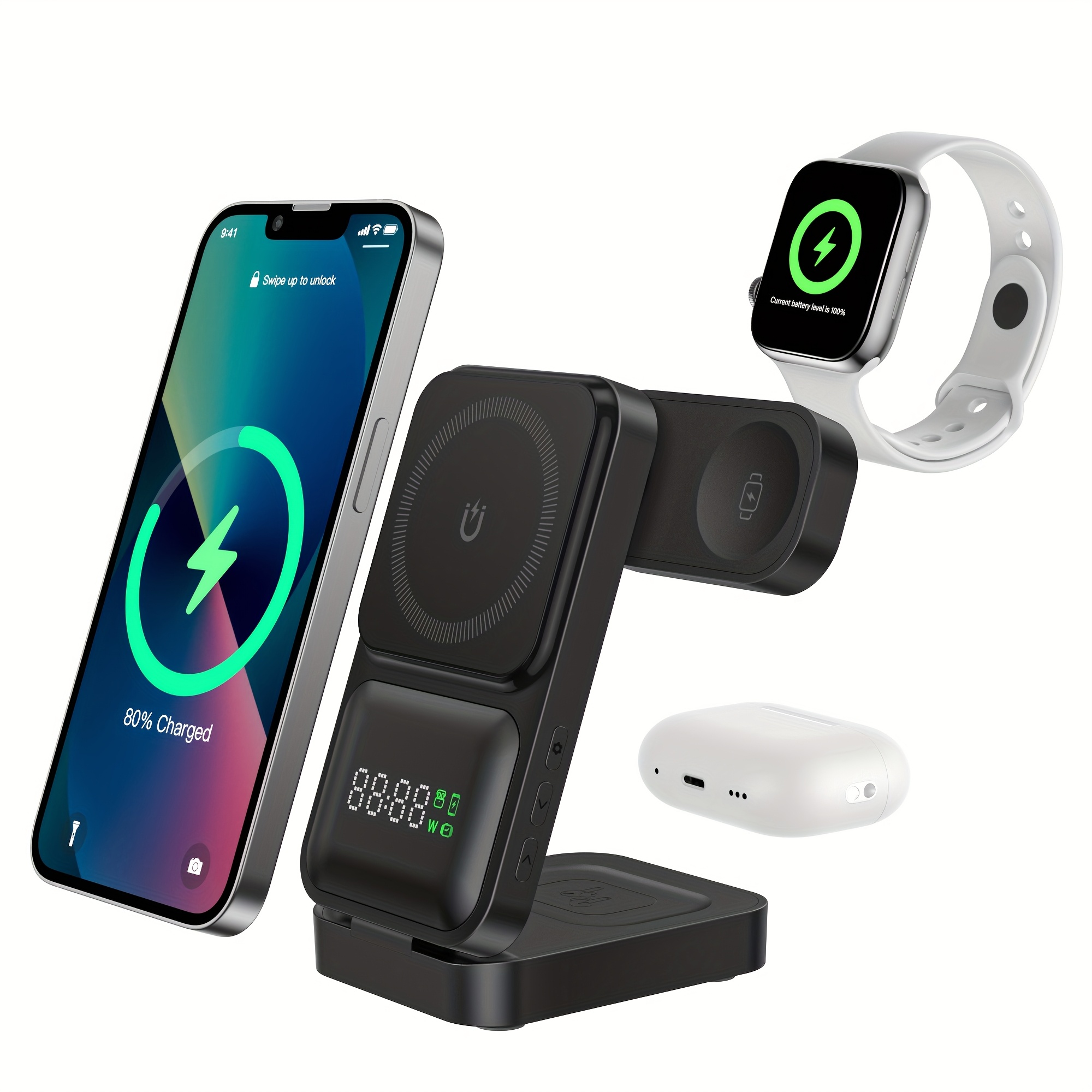 TEMU 3in 1 Magnetic Wireless Charger Folding Stand With Strong Magnetic Adsorption, Adjustable Design, Fast Charging For Iphone 17 16 15 14 13 12 Pro