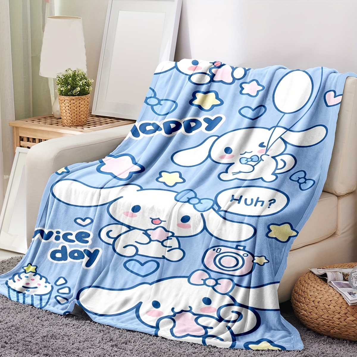     plush flannel throw blanket cozy cartoon print for bedroom living room camping travel soft warm multi purpose gift details 2