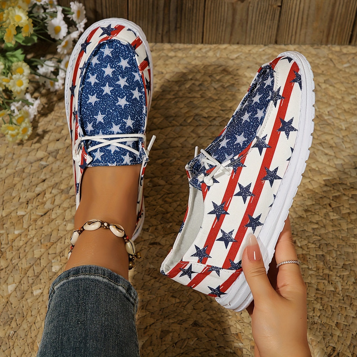 

Women's Stars & Striped Canvas Loafers, Lightweight Flat Slip On Walking Shoes, Comfort Shoes For Independence Day