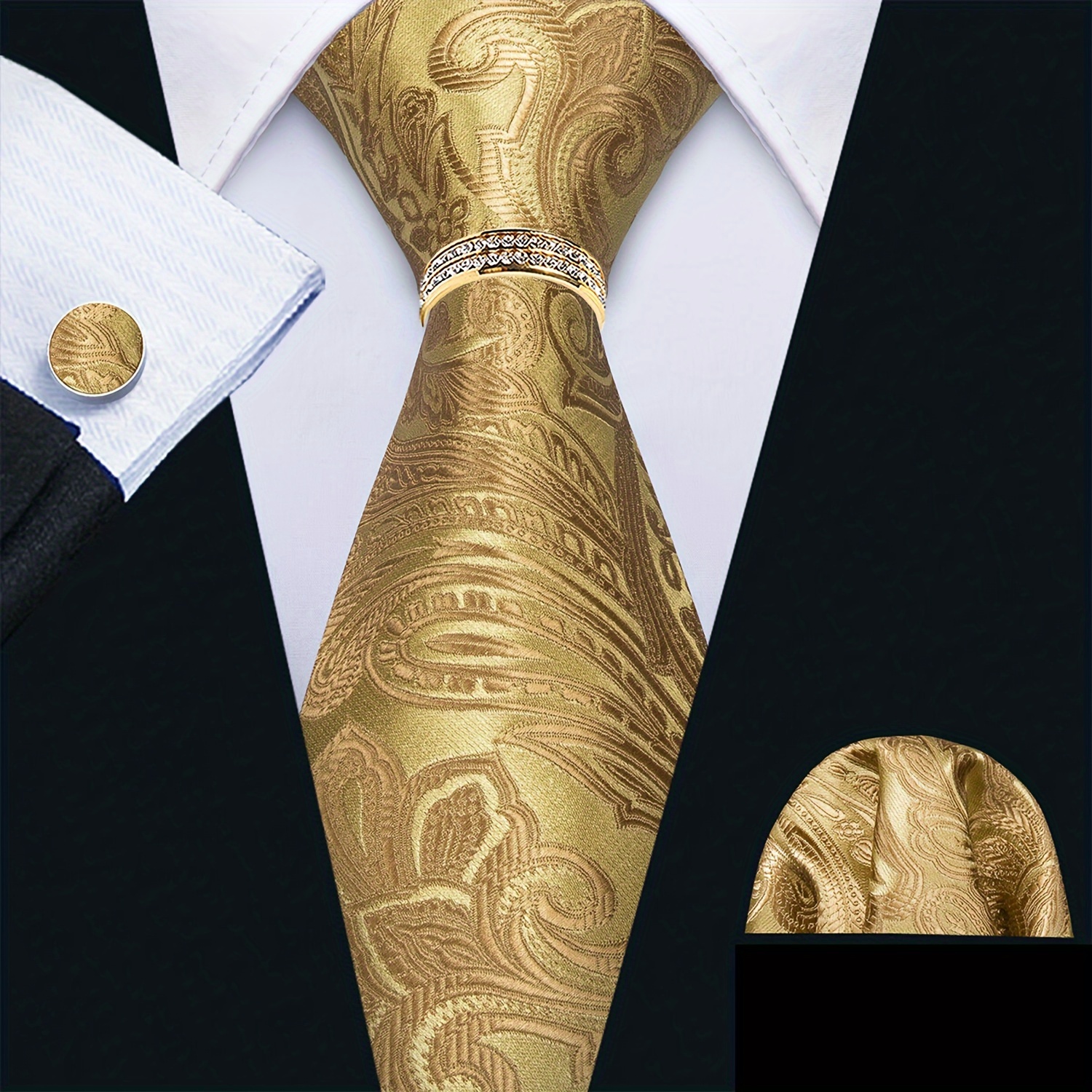 

Lineziseid 4pc Mens Ties Golden Floral 1200 Stitches And Handkerchief Square Ring Set Wedding Fashion