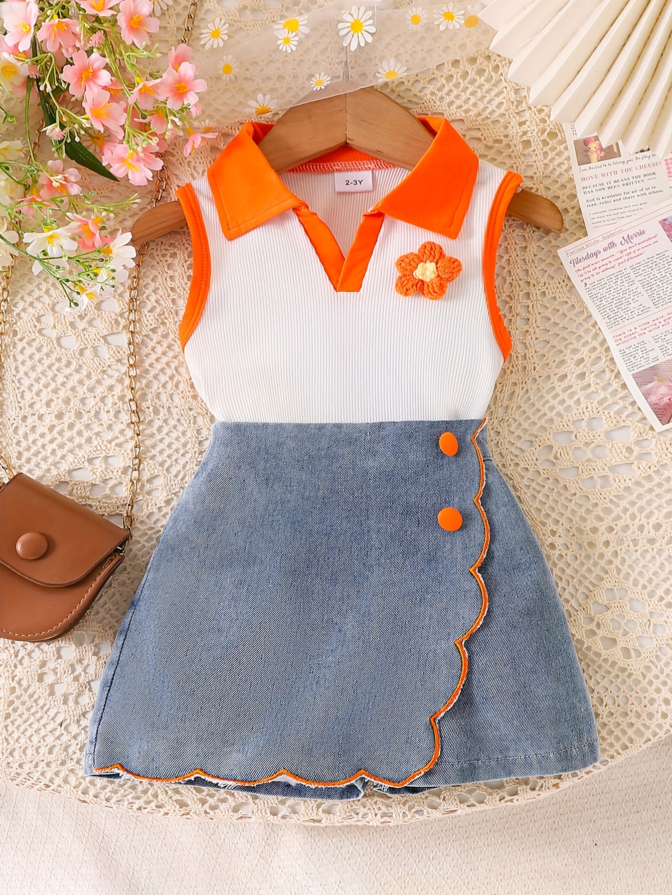 New Girls' Floral Orange And White Top with Denim Shorts Set, for Outdoor