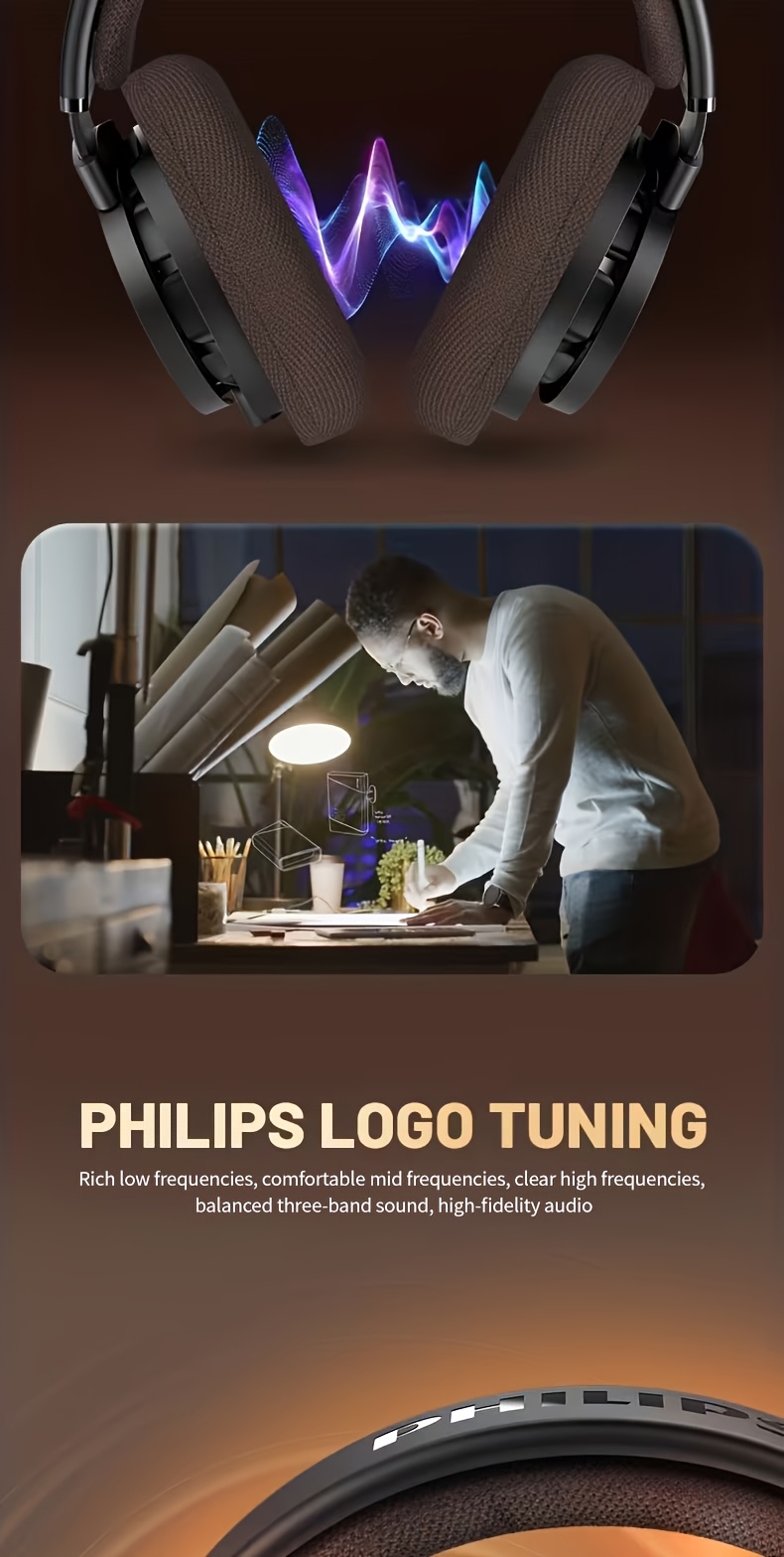 Philips Wireless Over-ear Headphones, with Noise-cancelling Function, Foldable Design, Built-in Microphone, Suitable for High-definition Audio of Music and Games - Black and White, Gaming Headphones/noise-cancelling Headphones/foldable Headphones