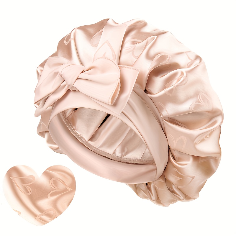 Image of Ellitina 1 Pack Love Heart Pattern Satin Bonnet, Hair Bonnet For Sleeping With Headband For Women Natural Curly Hair, Perfect Gift For Women