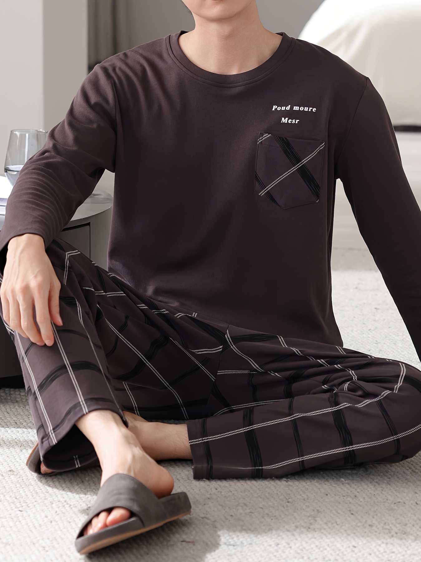 1set Men'S Casual Cotton Pajama Set, Long Sleeve Round Neck Sleepwear with Pockets, Loose Fit Knitted Pullover for Spring/Autumn - Comfortable Thin Cotton Outfit