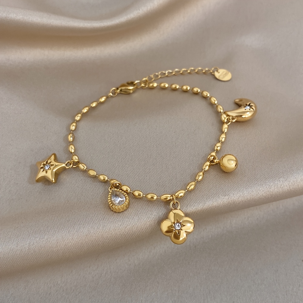 TEMU 1pc 304 Stainless Steel Romantic Exquisite Star Clover Inlaid Water Drop Synthetic Zirconia Water Drop Bead Thin Bracelet Unisex Daily Commute