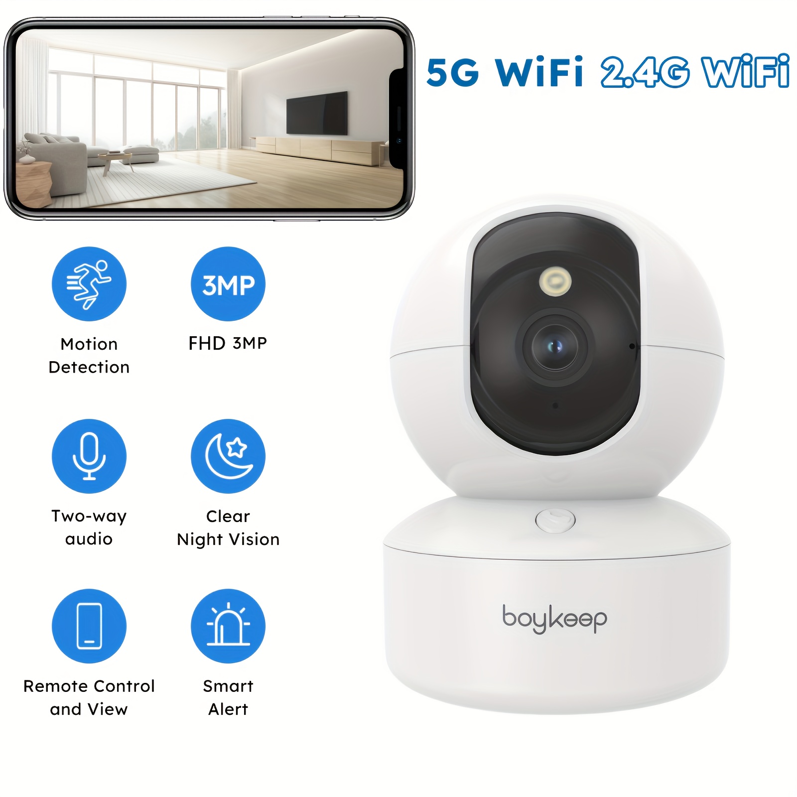 Boykeep 5g/2.4ghz Wifi Smart Camera, High-definition Indoor , Special Safety Camera For Babies And Pets, 360° Panoramic Surveillance Video, Night Vision, Calls, Memory Card Storage, K30