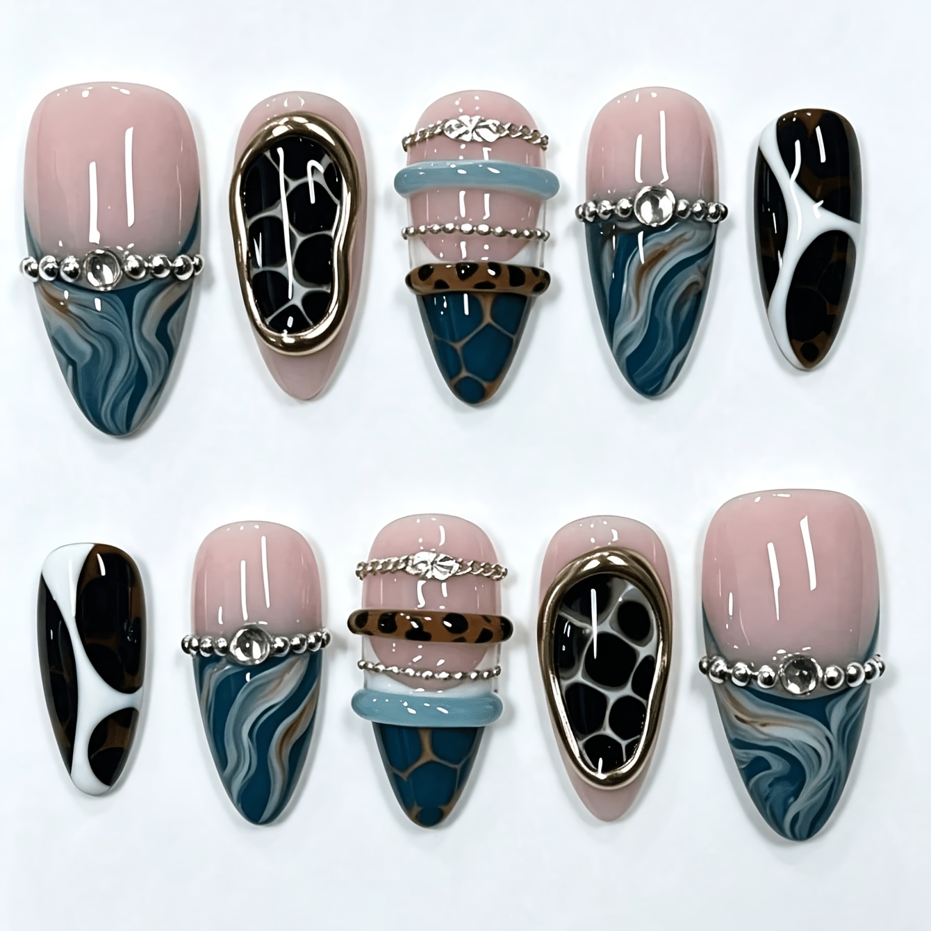 TEMU 10pcs Handmade Almond Shape Press-on Nails, Vintage Blue Gray Fluid Ombre Honeycomb Leopard Block Metal Chain Big Diamond French Style Removable