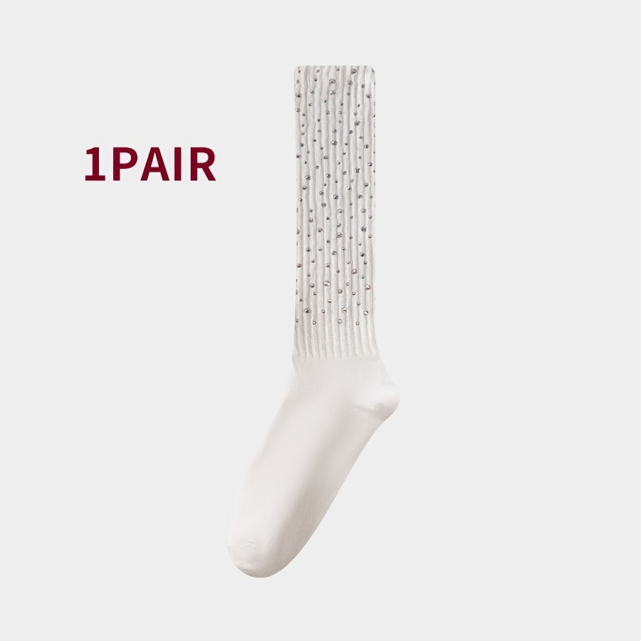 TEMU 1 Pair Rhinestone Calf Socks For Women, Cute Black Long Socks, Trendy All-match