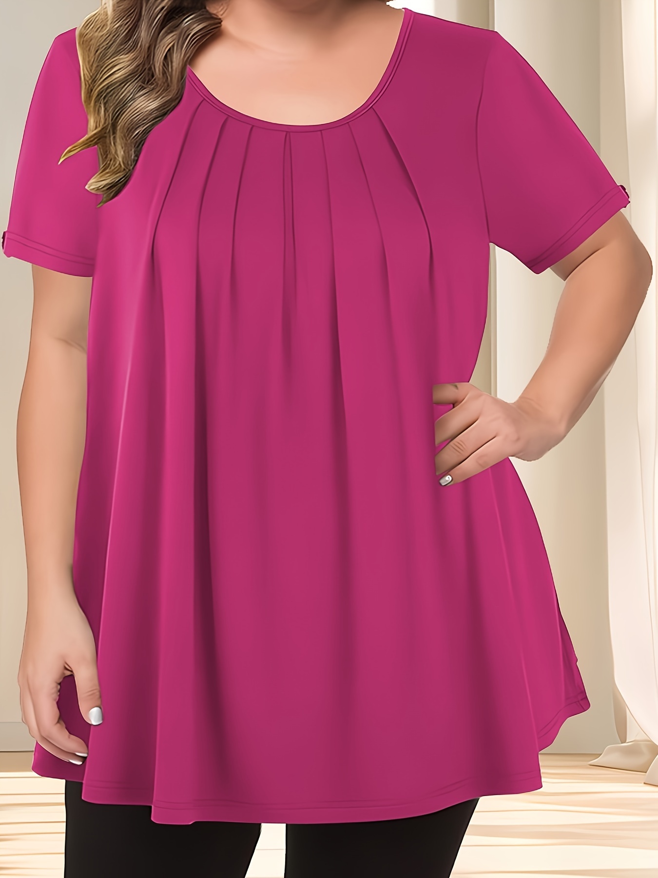 Women'S Casual Crew Neck Short Sleeve Blouse, Solid Color Plus Size, Lightweight Polyester with Subtle Stretch, Flared Hem, Spring/Summer Fashion Top, Casual Wear Blouse | Elegant Plus Size | Simple Eleganc