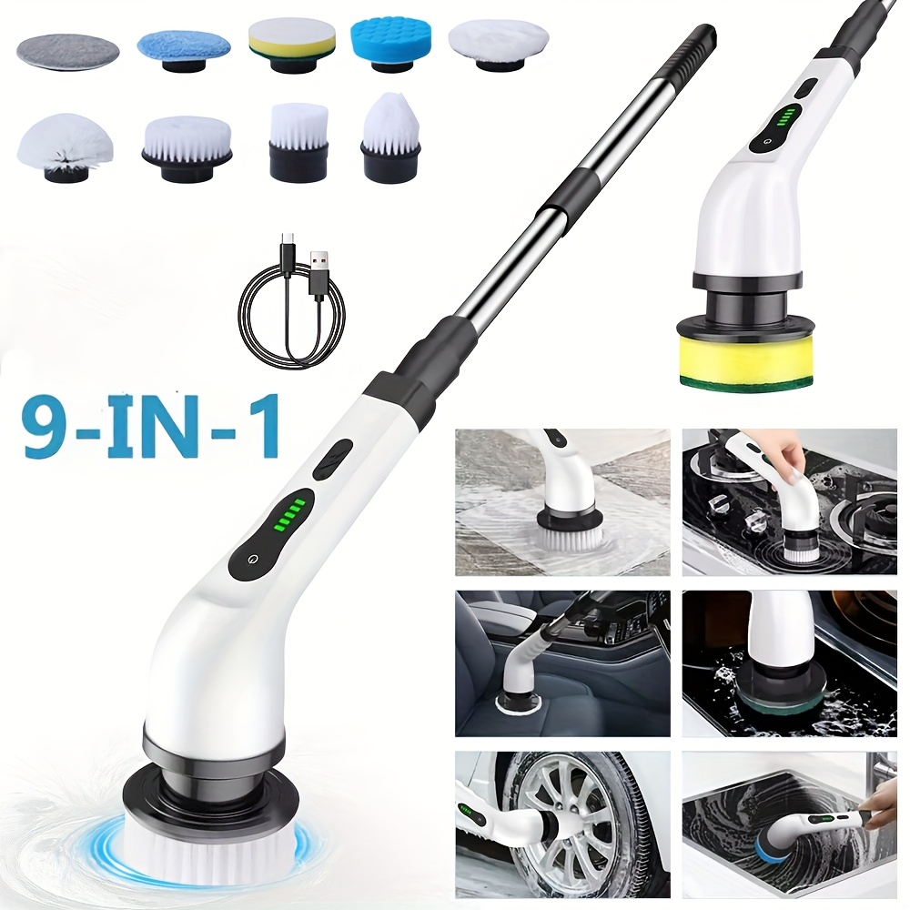 TEMU 2026 Rotary Cleaner, Household Wireless Cleaning Brush, 4 , Equipped With 9 Replaceable Brush Heads And Adjustable Extended Handles, Can Clean
