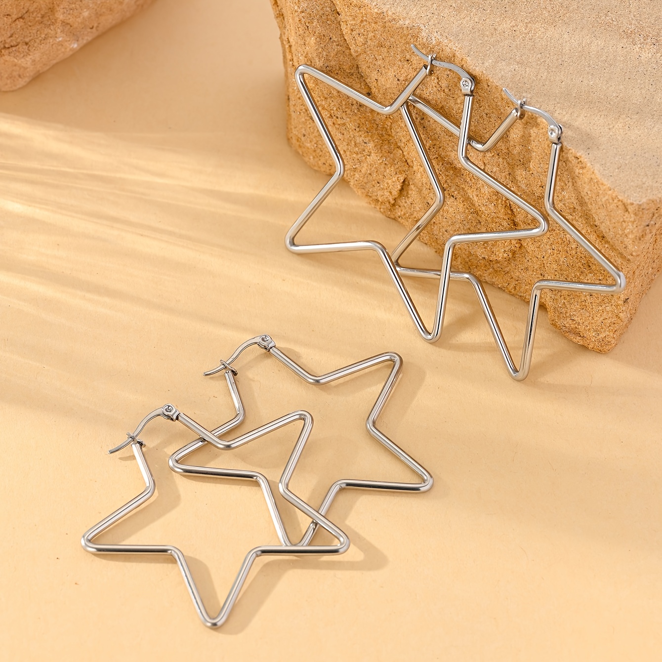 TEMU 1 Pair Of Stainless Steel Pentagram Large Hoop Earrings, Multiple Sizes Available, Stainless Steel Material, Stylish And Elegant Lines, Simple