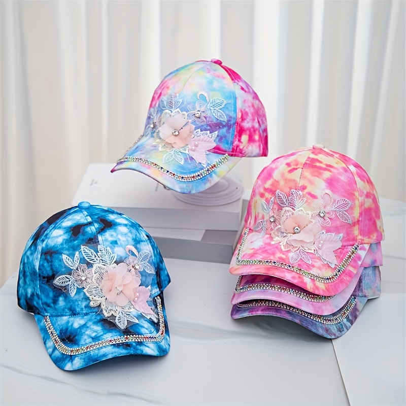 

Ladies Rhinestone Flower Embellished Baseball Cap, Colorful Tie-dye Peaked Hat, Casual Adjustable Size Hats For Daily Wear