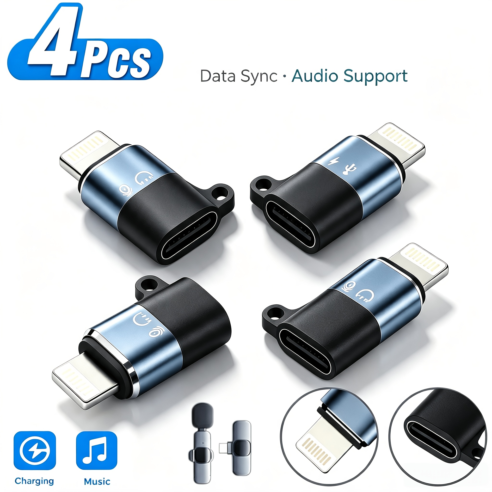 TEMU 4pcs Blue Usb-c To Lightning Adapters Otg Connectors, For Microphone Audio Recording, Phone Charging And Data Transmission