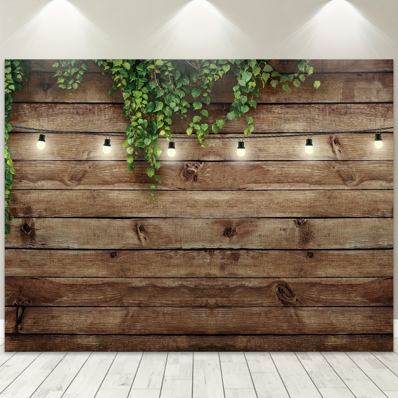 

1pc Vintage Wooden Board Backdrop 8wx6h Feet Green Leaves On Brown Wood Plank Lights Rustic Anniversary Birthday Party Photography Background Banners Decor Props Photo Fabric