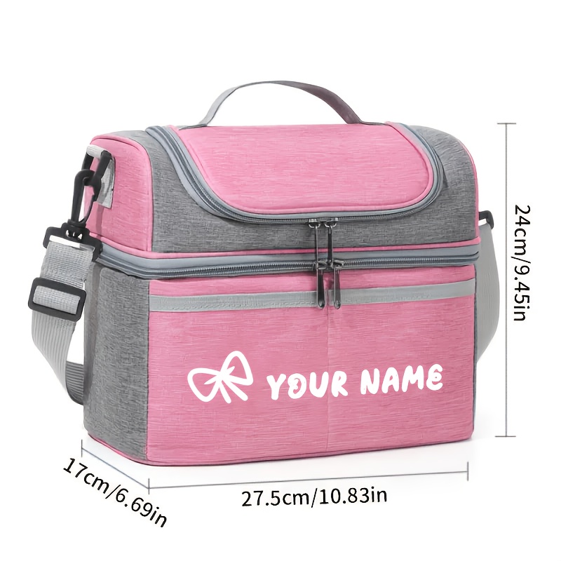 TEMU Customizable Name Insulated Lunch Box Bag, Double-layer Compartment Large Capacity Bento Bag, Outdoor Picnic Hand-carry Crossbody Insulated