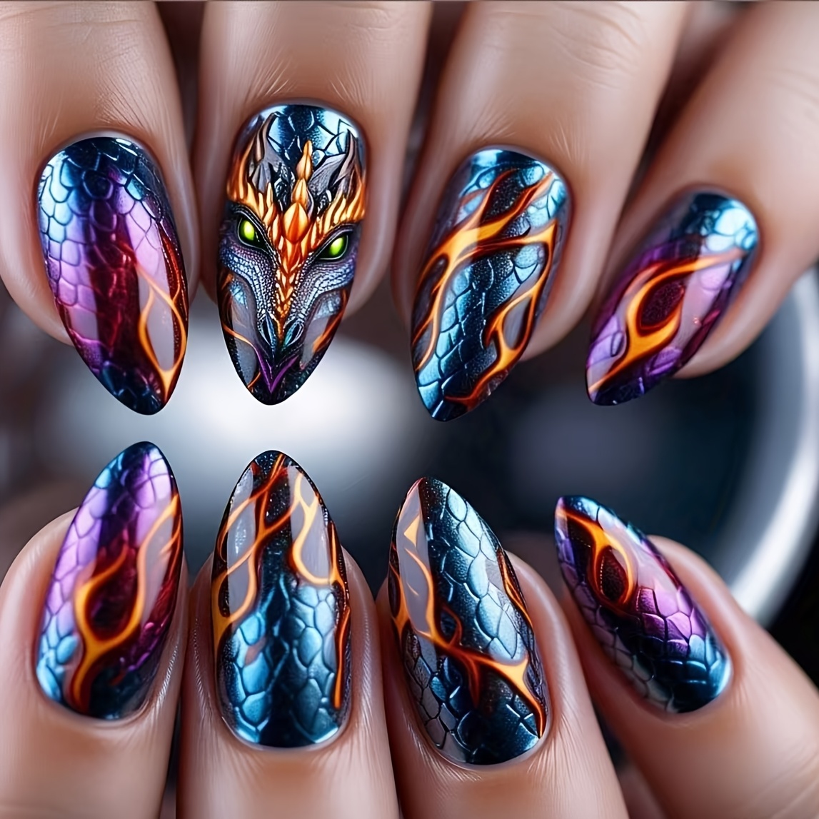 TEMU Upgrade Your Look, 24pcs, Luxury Galaxy Aurora Snake Print Press-on Nails With Blue-purple Gradient, Gilded Lines And Almond-shaped , Reusable