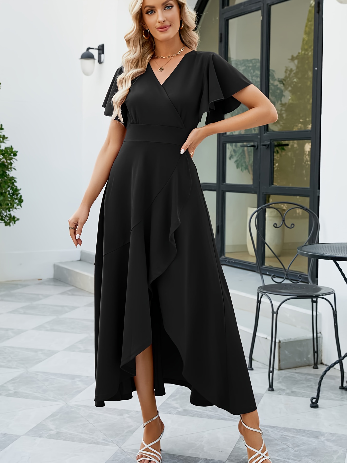 womens v neck irregular hem dress featuring a fitted bodice - Temu