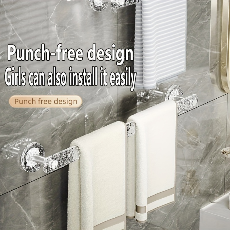 

High- No-drill Bathroom Towel Bar - Wall Mount, Self-adhesive, Transparent With Water Design, 19"x0.9", Plastic