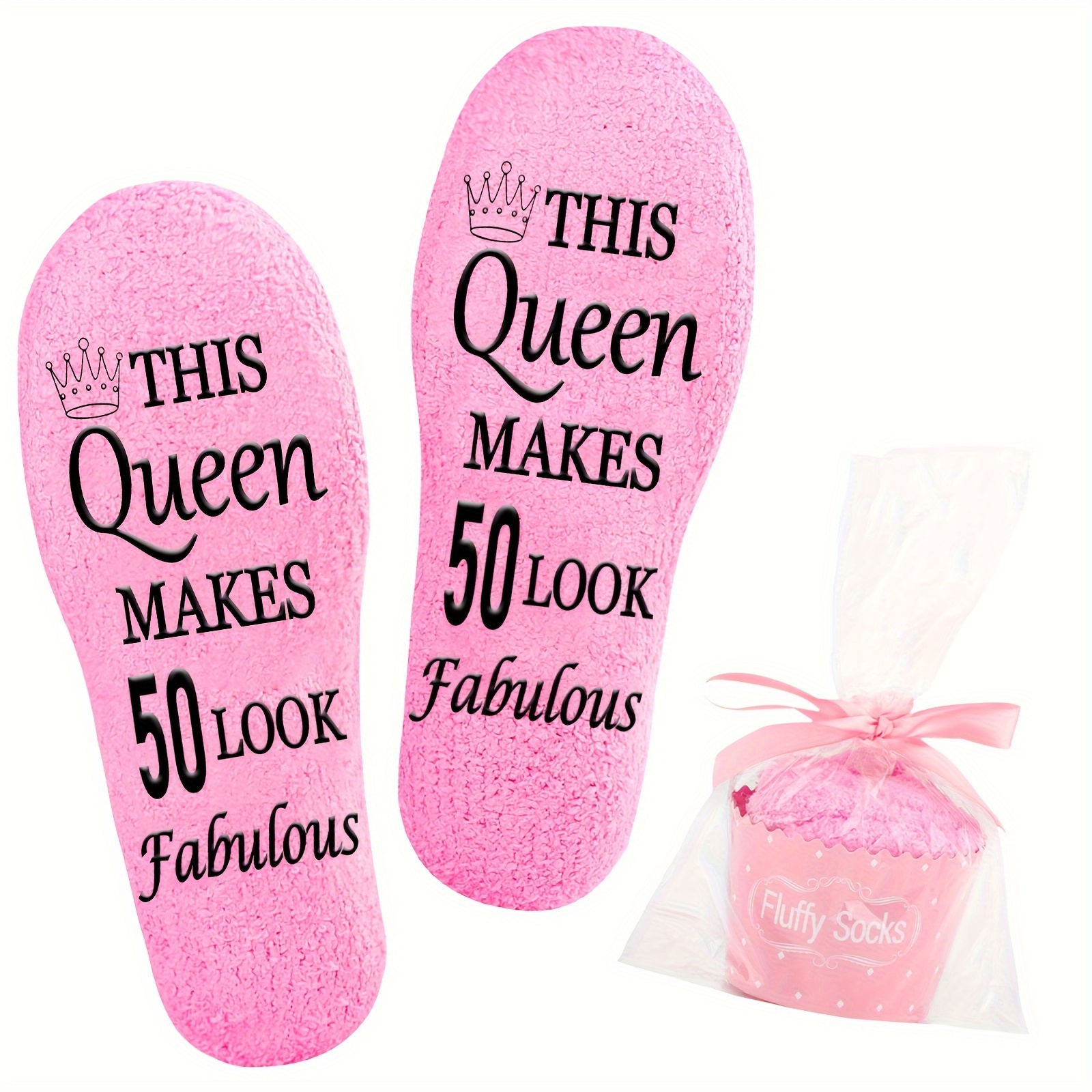 

1 Pair "this Queen 50 Look Fabulous" Fluffy Socks - Perfect Birthday & Day Gift For Women And Men, Soft & Stretchy Polyester-spandex , Fits Most, Pink With Crown Motif, Cute Socks