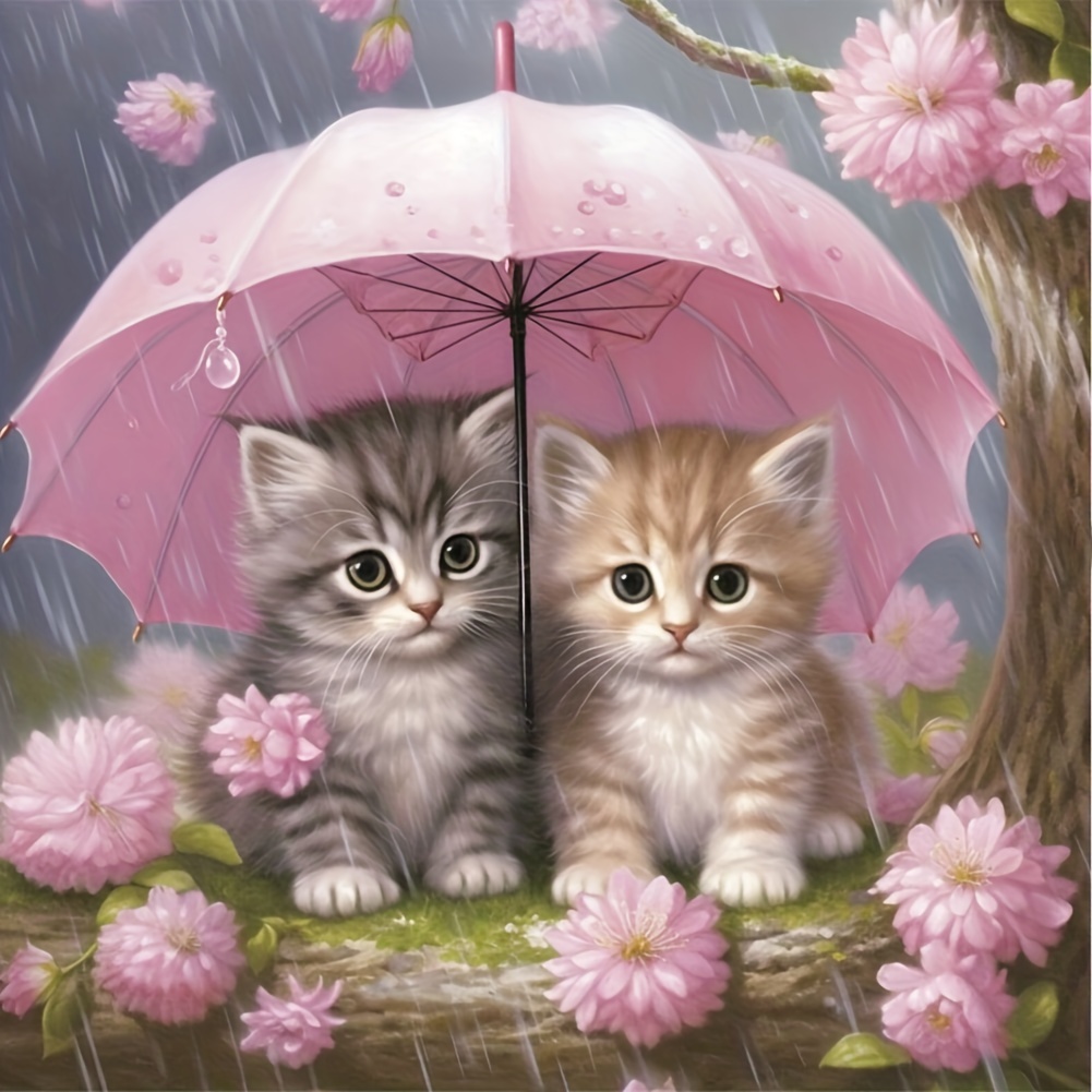 

Animal Themed Diamond Painting Kit, 7.87x7.87 Inch - Diy Acrylic Round Diamond Full Drill Mosaic, Cats With Umbrella And Pink Flowers Pattern For Home Wall Decor Art