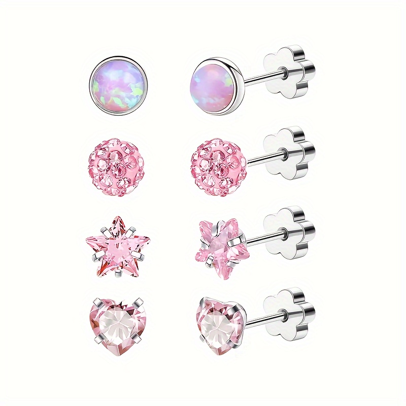 

4pcs Women's Anti-allergy Earrings - Opal And , Pink And Silvery, Suitable For And Parties