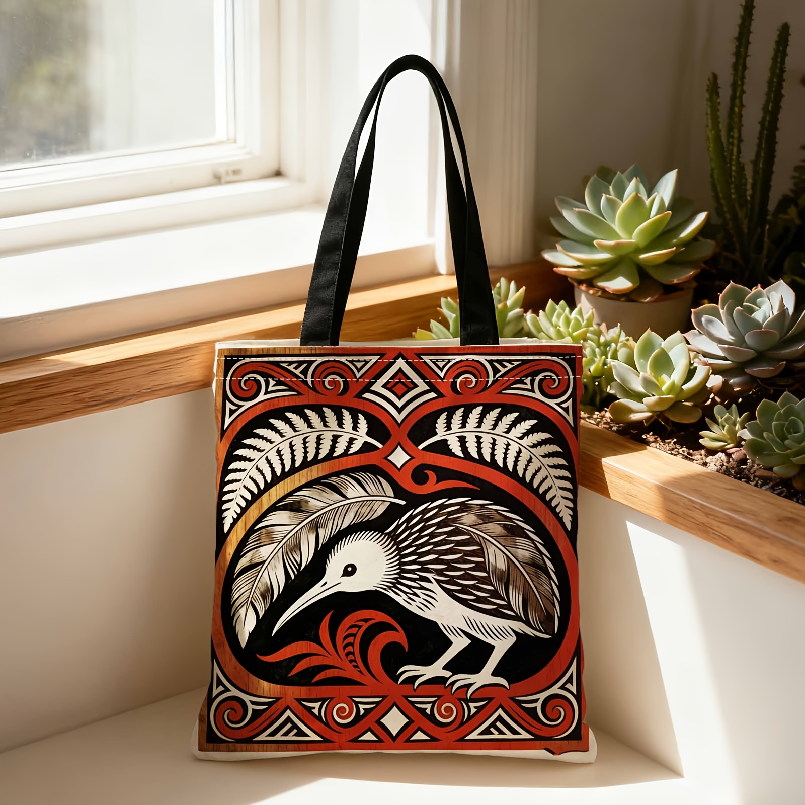 TEMU Shopper Bag,shopping Portable Shoulder Back Hand-held Bag,2d Double-sided Ing,maori Art, Kiwi Bird, Traditional Patterns,suitable For Travel,
