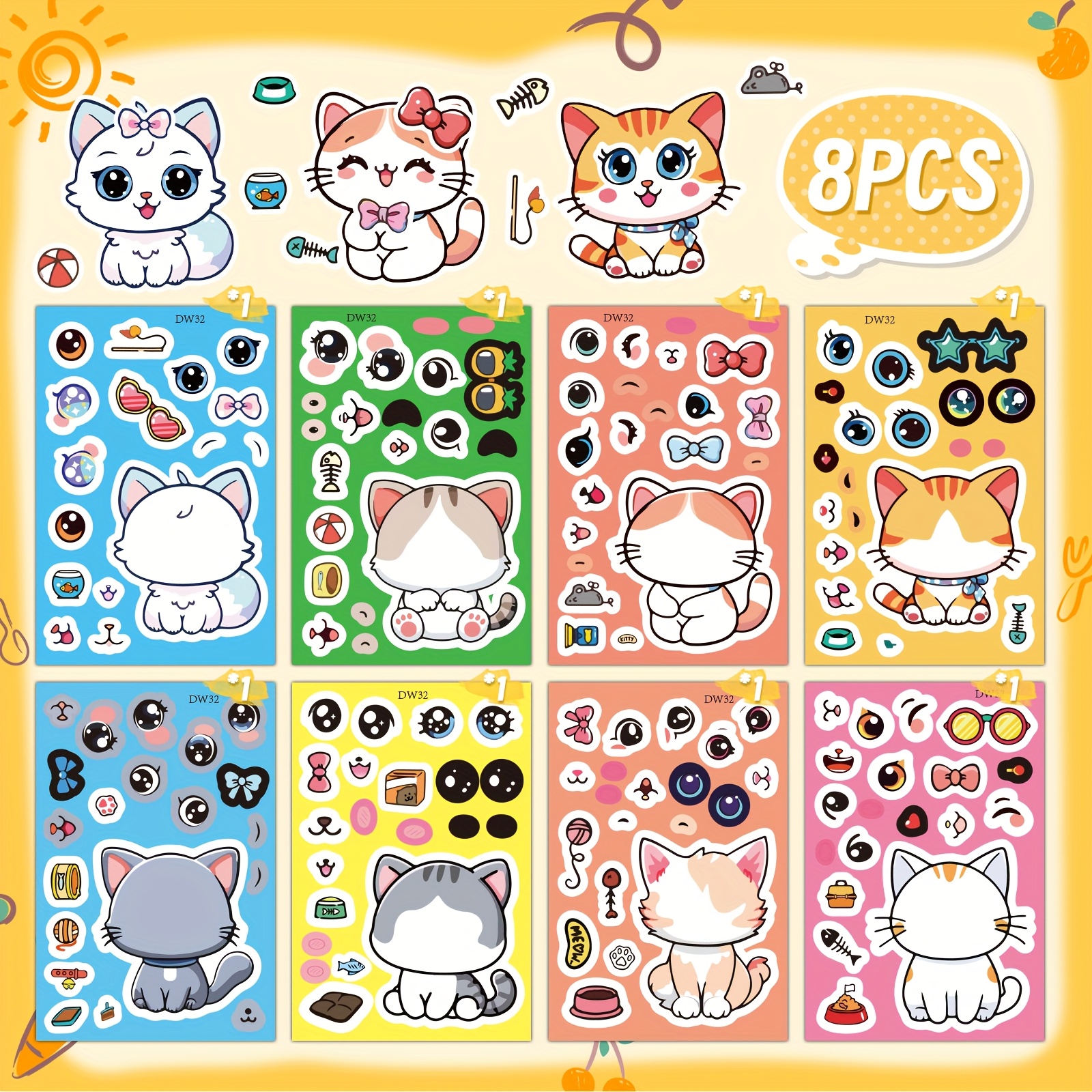 Image of 8pcs/16pcs/24pcs Cute Cat Puzzle Stickers For Laptops, Water Bottles, Phones, And Skateboards – Colorful, Fun For Tech And Additions, Mixed Color, Paper Material, Single Use