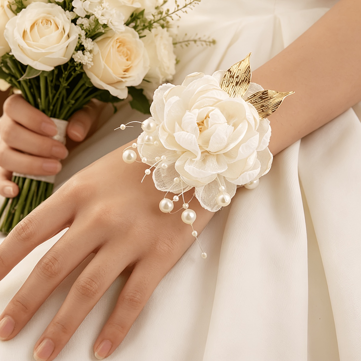 TEMU 1pc Elegant Faux Bride Bridesmaid Wrist Flower Romantic 3d Floral Bead Decor Pearl Hand Flower Suitable For Wedding Party Valentine's Day