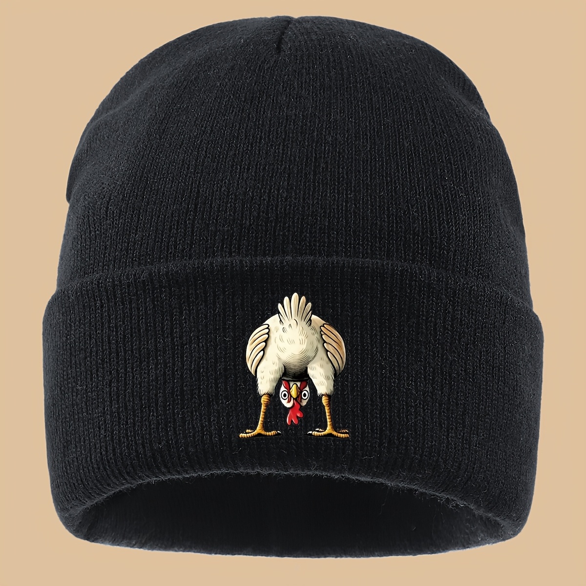 TEMU 1pc Funny Upside Down Chicken Print Beanie, Autumn Winter Warm Elastic Brimless Hat For Men And Women Loose Comfortable Solid Color Slouchy